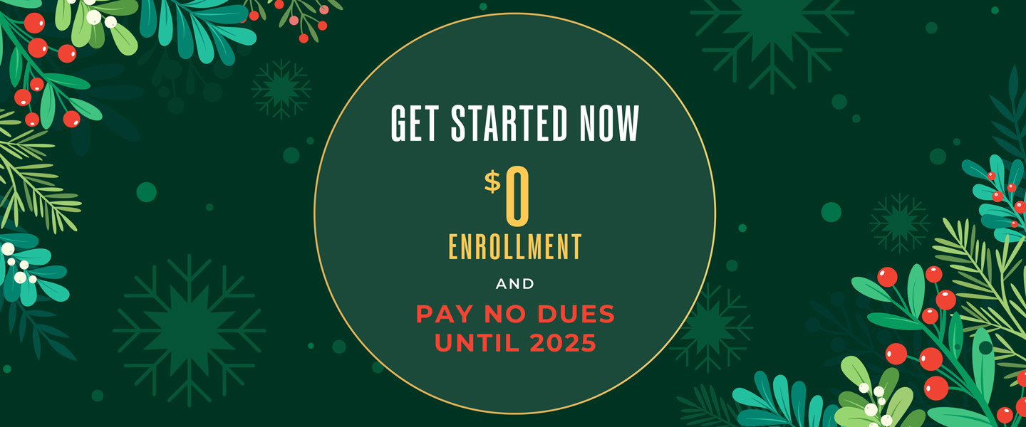 Image on a green background with a christmas theme that says you can get started at Villa Sport today for $0 enrollment and $0 monthly dues for the month of December